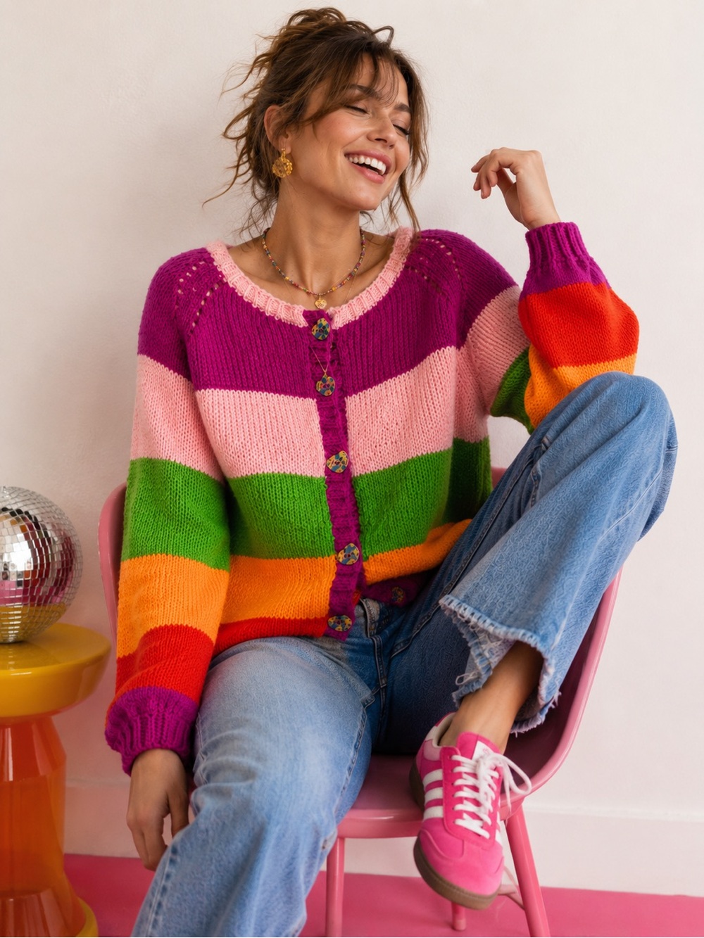 Handmade oversized Colorful Striped cardigan Women's Sweater size medium